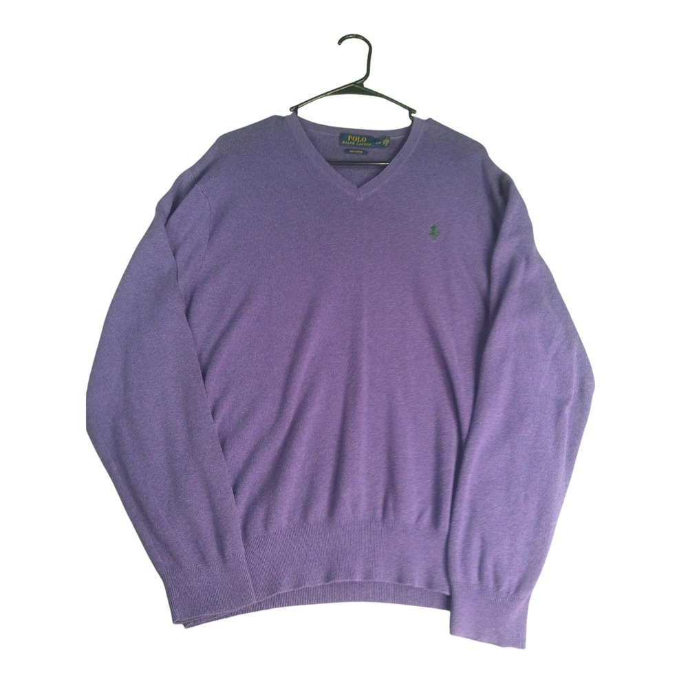 Polo Ralph Lauren Purple Pima Cotton V-Neck Sweater Men's Large Green Pony Logo